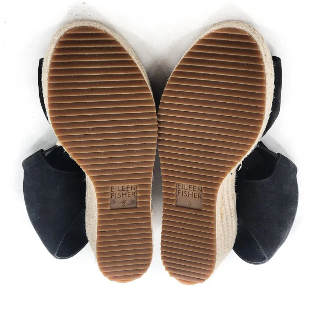 EILEEN‎ FISHER NWOB Whim Nubuck Leather Espadrille Wedge Sandal Black